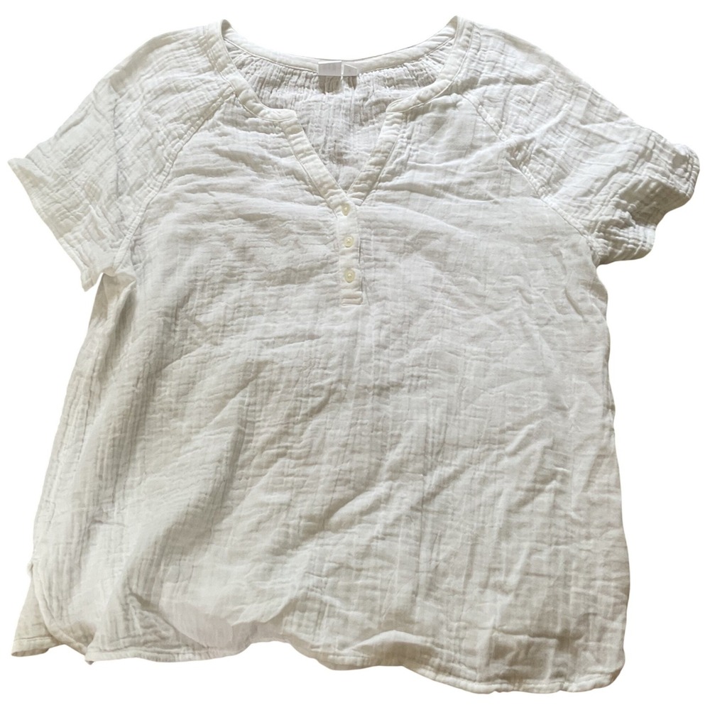 Gap Womens White Crinkle Gauze Henley Short Sleeve Top Relaxed Fit Medium